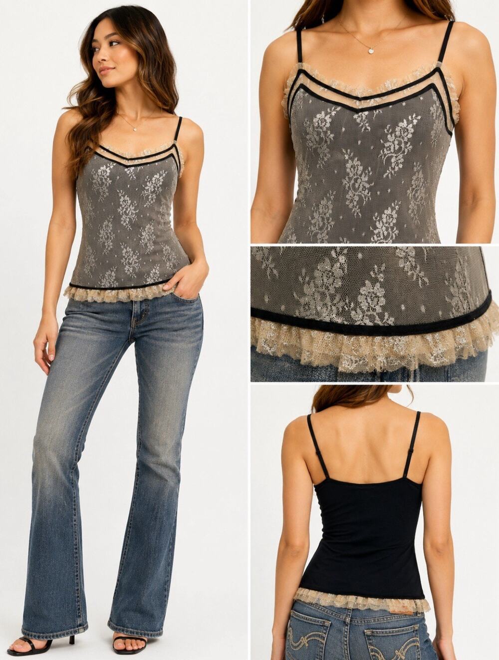 Y2K Indie 00s New York & Company Lace Cami Size S Black Silver Metallic Sparkle
